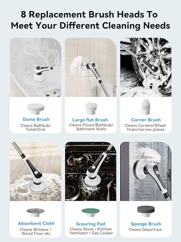 Electric Spin Scrubber,Cordless Cleaning Brush with Power Display Screen,IP68 Waterproof Shower Cleaning Brush with 8 Replaceable Brush Heads,Adjustable & Detachable Handle and 2 Adjustable Speeds