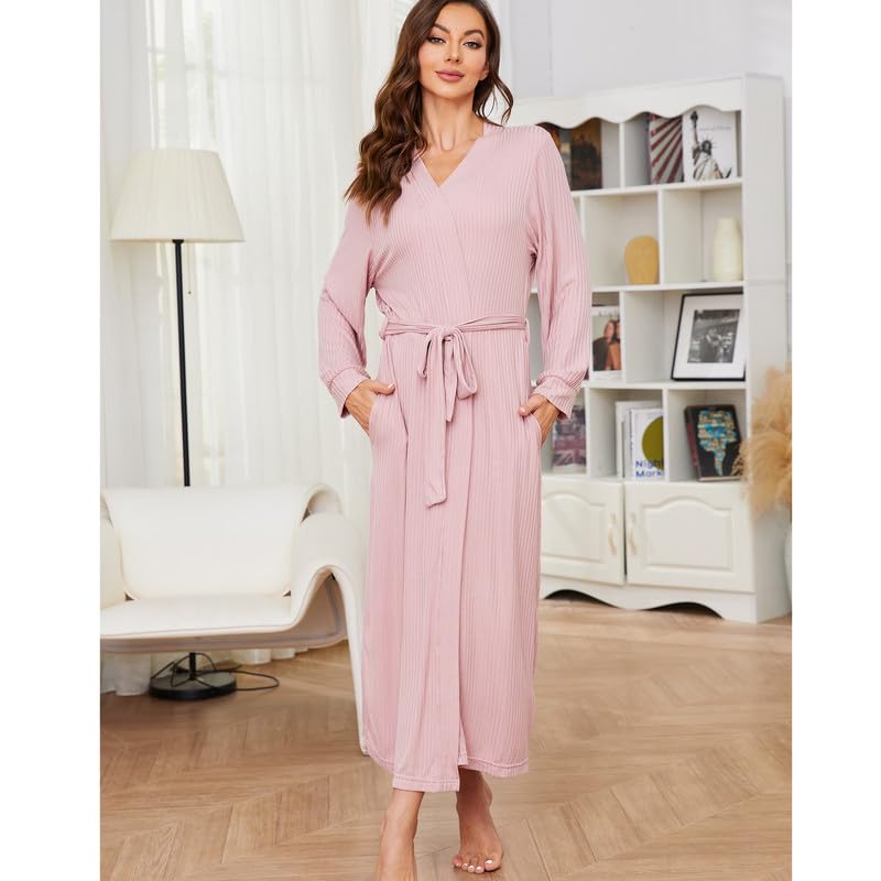 HEARTNICE Womens Soft Long Robe, Lightweight Full Length Knit Bathrobe for Sleepwear & Loungewear Robe (Bean Paste Pink,S)