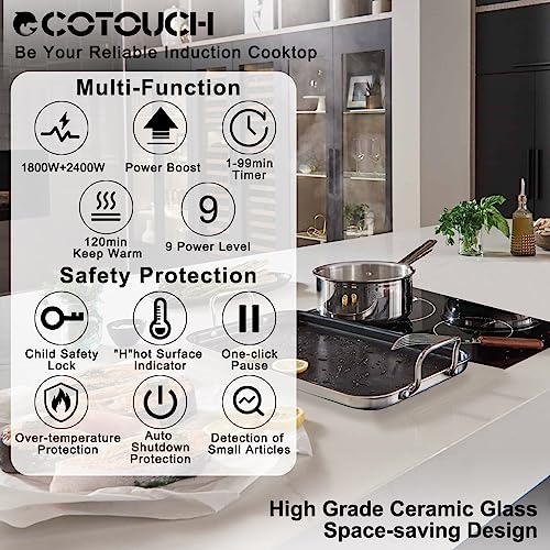 ECOTOUCH Induction Cooktop 2 Burner 12 inch with Booster 3500W Built-in Glass Ceramic Electric Induction Burner Drop in Hot Plate 12" Induction Cooktop,True High Power