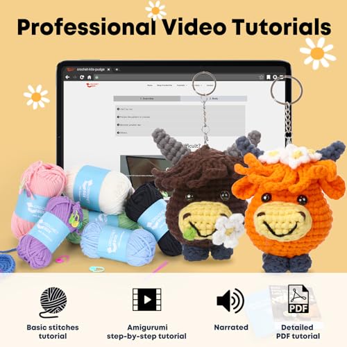 Crochet Kit for Beginners Adults - Cow Starters Crocheting Animal Kits for Kids, DIY Craft Birthday Gift with Crochet Yarns, Hook, Step-by-Step Video, Instruction and Crochet Accessories