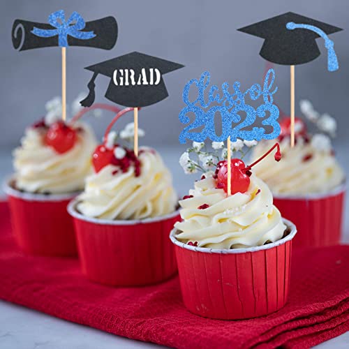 24Pcs 2023 Graduation Cupcake Toppers Gold Glitter 2023 Grad Cap Cupcake Picks Cake Decorations Graduation Theme Party Supplies