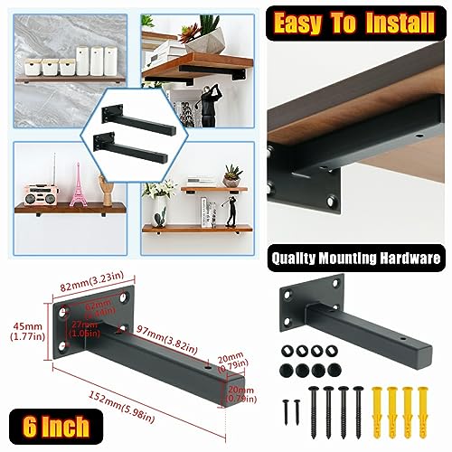 Alise Floating Shelf Brackets,Black T Bracket for Shelves Heavy Duty Hidden Brackets for Wooden Board Hanging Supports Blind Shelf Wall Mount 6 Inch,JT150B-4P,Pack of 4