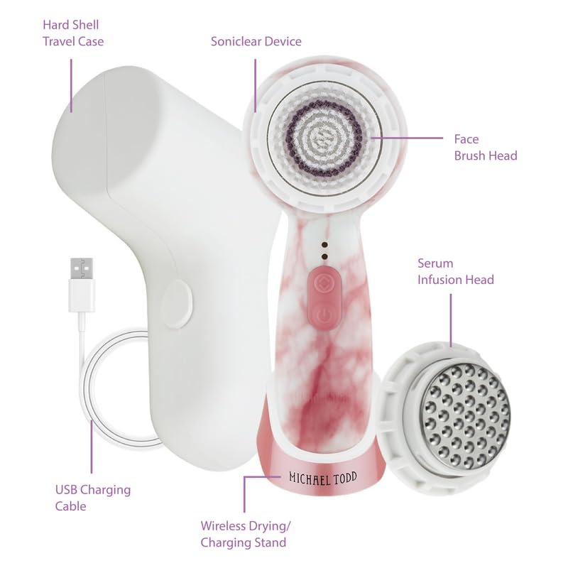 Michael Todd Beauty Soniclear Allure 2024 Best of Beauty Winner Facial Cleansing + Exfoliation Brush System with 3 speeds, Serum Infusion Head + Travel Case