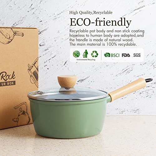 ROCKURWOK Ceramic Nonstick Sauce Pan with Lid, 1.5 Qt Small Pots for Cooking, Small Pot Wooden Handle for Cool Touch, Non Toxic & Pfas-Free Saucepan, Universal Base(Gas, Electric & Induction), Green