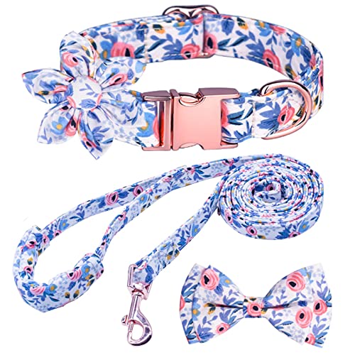 Girl Dog Collar and Leash Sets with Bow Tie, Dog Collar with Detachable Flower with Dog Tag Strong Gold Buckle for Small Medium Large Dogs