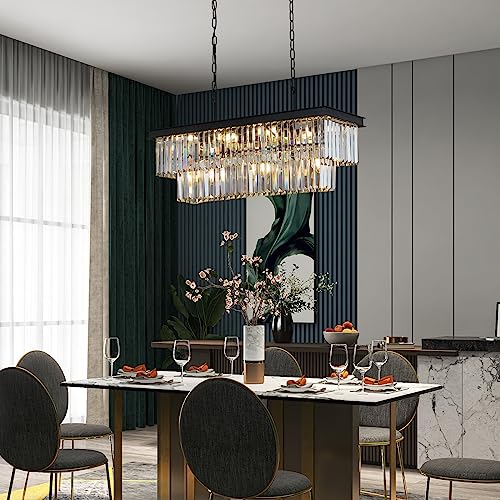 Weesalife Crystal Chandeliers for Dining Room 11-Light Black Modern Chandelier Rectangle Contemporary Pendant Light Fixture for Kitchen Island Bar