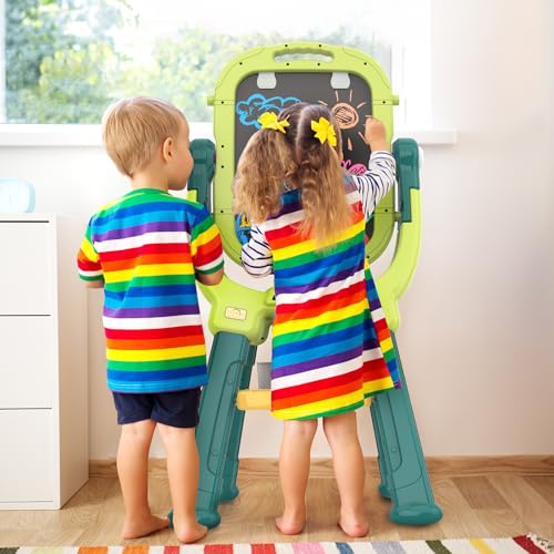 Ylovetoys Easel for Kids, Toddler Art Easel Adjustable Standing, Magnetic Double Sided Easel with Painting Accessories Gift for Boys and Girls (Green)