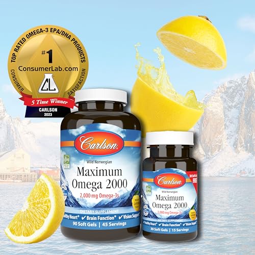 Carlson - Maximum Omega 2000, 2000 mg Omega-3 Fatty Acids Including EPA and DHA, Wild-Caught, Norwegian Fish Oil Supplement, Sustainably Sourced Fish Oil Capsules, Lemon, 90+30 Softgels