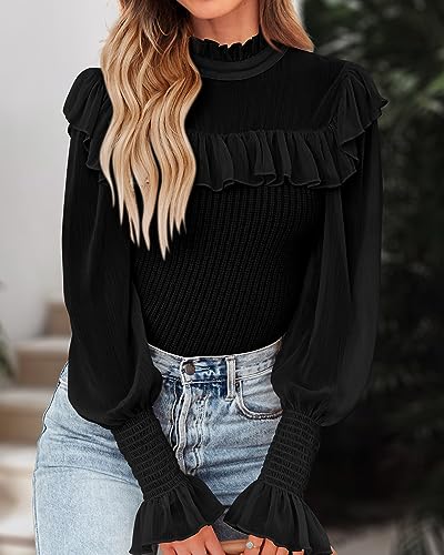 KIRUNDO Women Fall Sweaters 2024 Trendy Elegant Sheer Long Sleeve Ruffle Mock Neck Sweater Shirt Business Casual Knit Tops(Black, Small)