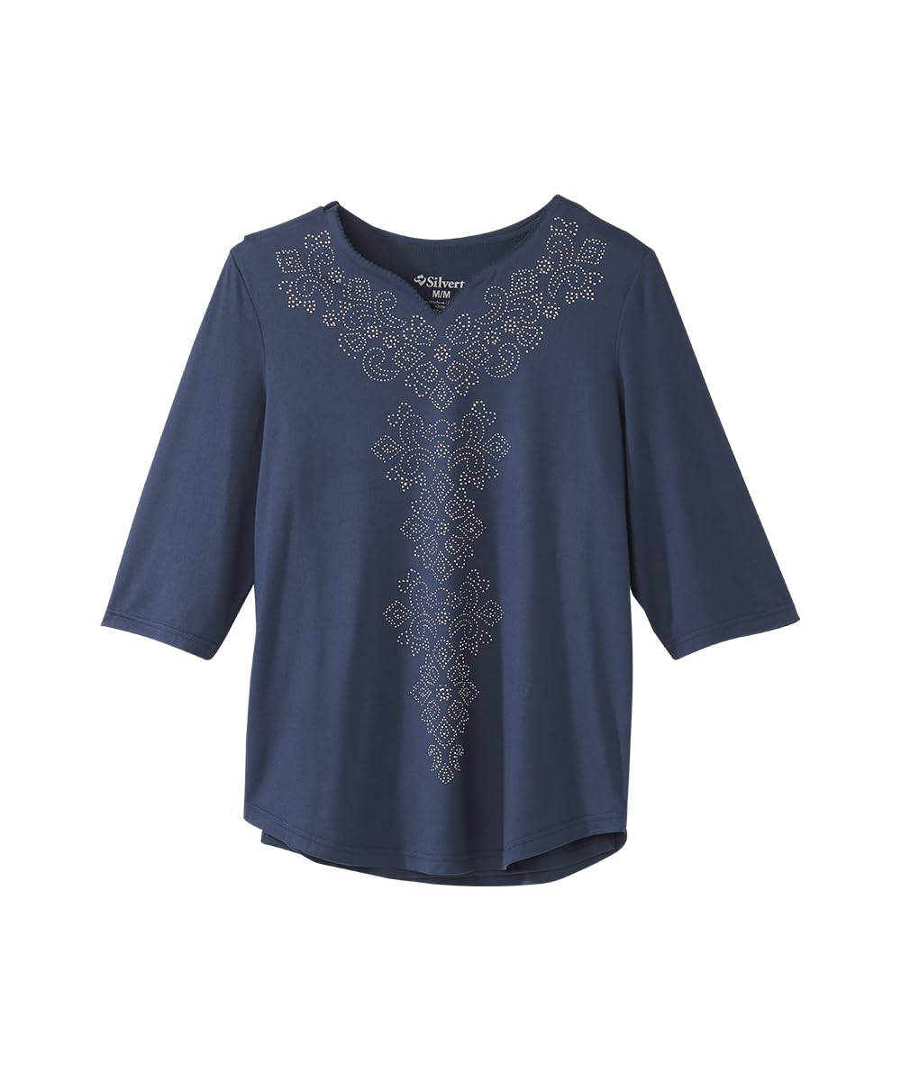 Silverts Women's Open Back Vneck Embellished Top - Adaptive Clothes for Elderly Seniors - Wheelchair Surgery Recovery Shirt - Bedridden Patient Comfort Post Surgical Clothing - Indigo LGE