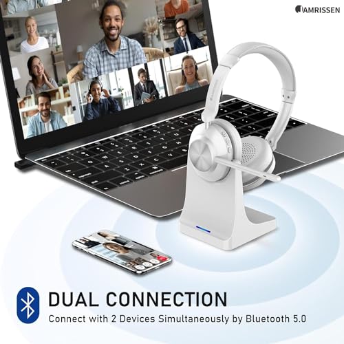 Jamrissen Wireless Headset, Bluetooth Headset with Microphone Noise Cancelling, 45+Hrs Talktime Bluetooth Headset with Mic Mute & USB Dongle for PC/Computer/Laptop/Cell Phones/Remote Work/Call Center