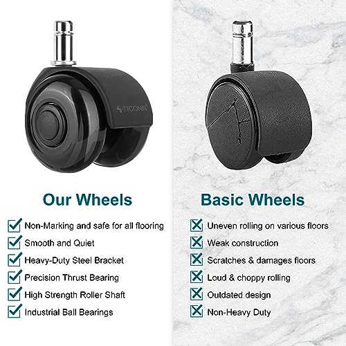 TICONN Office Chair Caster Wheels 2" Dual Wheels Set of 5 for Tile and Hardwood Floors, Universal Fit for Most Chairs (Black)