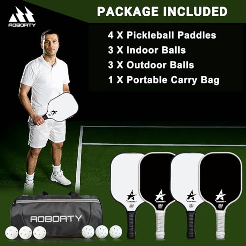 AOBORTY Pickleball Paddles 4 Pack - Light Graphite Premium Rackets Fiber Face Pickleball Set with 6 Outdoor Indoor Balls Including Portable Carry Bag