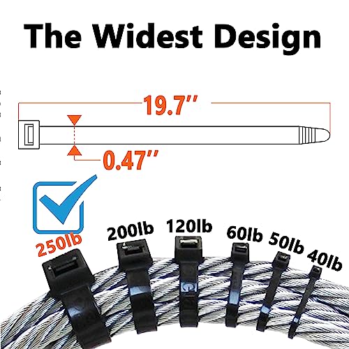 250lb Black Zip Ties Heavy Duty 12 Inch Outdoor, Extra Large Cable Tie Wraps Long Plastic Wire Ties Wide Big Strong Thick Zipties 50 Pack