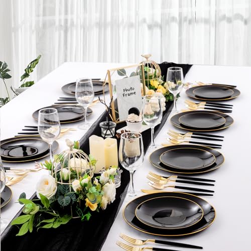 Nervure 100 Pieces Black Plastic Plates - 7.5inch Black Dessert Plates - Disposable Gold Plastic Plate - Disposable Plate Ideal for Wedding & Father's Day & New Year