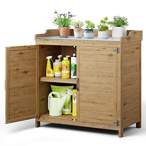 Gizoon Outdoor Potting Bench with Metal Tabletop, Outdoor Garden Patio Wooden Storage Cabinet with Adjustable Shelf, Double Doors Garden Work Bench for Backyard, Patio, Lawn - Grey