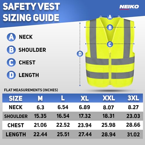 Neiko 53994A Large Ultra Reflective Safety Vest with Reflective Stripes & Zipper, Visibility Strips on Neon Yellow for Emergency, Safety Vest for Men and Women, Adult Safety Vest