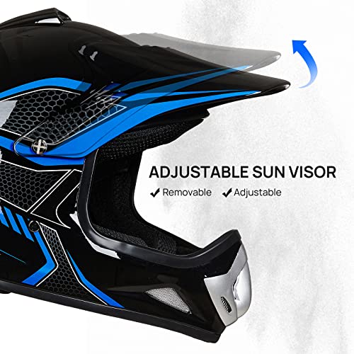 ILM Youth Kids Dirt Bike Helmet ATV Motocross DOT Off-Road Street Helmet Goggles Gloves Full Face Protective Helmet Model BLD-818(Blue,Youth-Small)