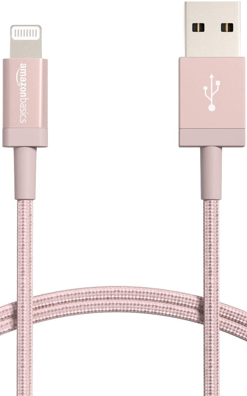 Amazon Basics USB-A to Lightning Charger Cable, Nylon Braided Cord, MFi Certified Charger for Apple iPhone 14 13 12 11 X Xs Pro, Pro Max, Plus, iPad, 3 Foot, Rose Gold