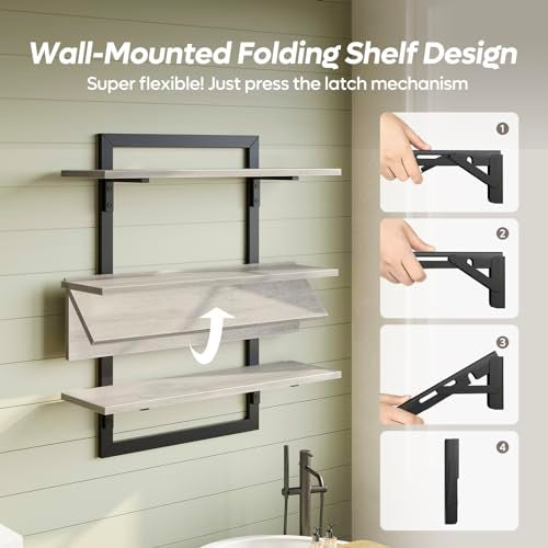 Bestier Floating Shelves for Wall, 24 inch Kitchen Shelves Wall Mounted, 3 Tier Coffee Bar Shelf with Foldable Brackets, Industrial Display Shelf for Bathroom, Living Room, Retro Grey