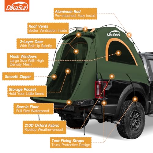 DikaSun Pickup Truck Bed Tent: Double Layer Quick Setup Pickup Tent 5.5-5.8 Ft, Waterproof PU3000mm Tear-Resistant Truck Tent for Camping (Green)