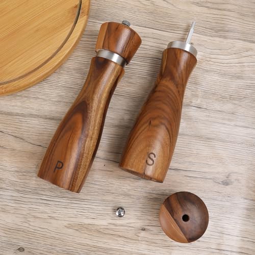 2 Pack Salt and Pepper Grinder Set, Acacia Salt and Pepper Shakers Wood Salt Shaker with Ceramic/Stainless Steel Core, Modern and Elegant Wooden Salt and Pepper Set