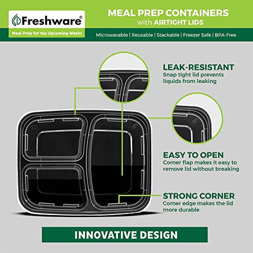 Freshware Meal Prep Containers [50 Pack] 3 Compartment Food Storage Containers with Lids, Bento Box, BPA Free, Stackable, Microwave/Dishwasher/Freezer Safe (24 oz)