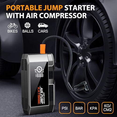 Katoroe Q17 Car Jump Starter with Air Compressor,4500A 160 PSI Portable Jump Starter Battery Pack (10.0L Gas/8.0L Diesel), with QC 3.0,Large Display, 3 Modes Flashlight and Jumper Cable Black