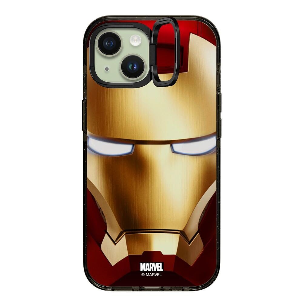 CASETiFY Impact Ring Stand iPhone 15 Case [Iron Man Co-Lab / 3X Military Grade Drop Tested / 6.6ft Drop Protection/Compatible with Magsafe] - Iron Man Hero Mask - Clear Black