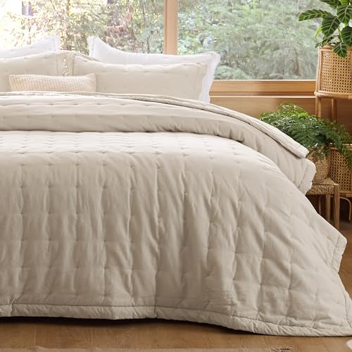 Bedsure Linen Quilt Queen Size, Cotton Linen Blend Queen Quilt Sets Linen Bedspread with Natural Wrinkles-Queen Cotton Linen Bedding Set 3-Piece for All Seasons-White (90x96)