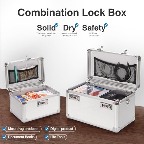 Vilcjson Combination Lock Box - 15.1x9.4x8.7 Inch - Security Lock Boxes for Medicine, Locking Storage Box for Personal Items Passports and Documents, Lockable Lockbox for Office Business, Silver