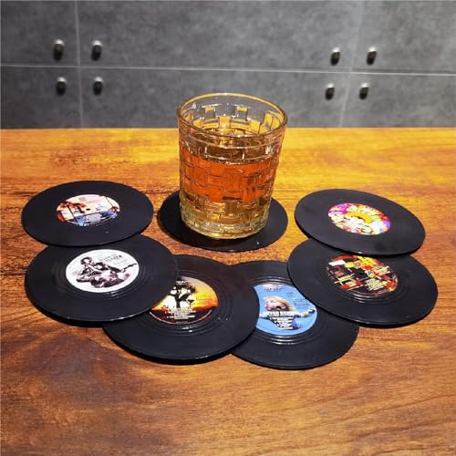 Funny Retro Vinyl Record Coasters, Creative Drink Coasters Set of 6 with Vinyl Record Player Holder for Music Lovers, Housewarming Hostess Gifts, Birthday and White Elephant Gifts Ideas