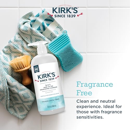 Kirk's 3-in-1 Head to Toe Nourishing Liquid Cleanser- for Men, Women & Children - Premium Coconut Oil & Aloe Vera- Non GMO & Vegan -Fragrance Free - 32 Fl Oz.