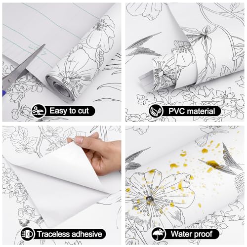 Amiya Black and White Floral Wallpaper Peel and Stick Removable Birds Contact Paper Bedroom 17.3” X 80” Vinyl Self Adhesive Sketch Wall Paper for Cabinets Shelf Liner Living Room Decoration