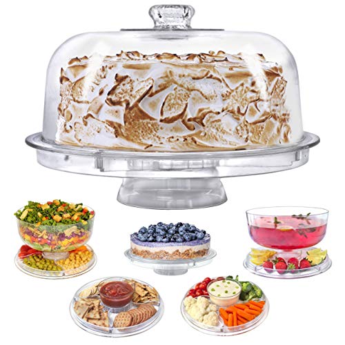 Cake Stand with Dome Cover, 6-in-1 Multi-Purpose Use, Cake Stand with Lid, Serving Platter, Punch Bowl, Desert Platter and More, BPA Free