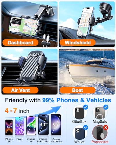 YRU【80+LBS Safest Strongest Rotatable Suction 2024 Ultimate Car Phone Holder Mount 【Military-Grade & All Patent Safety Certs】 Dashboard Windshield Vent for iPhone 15 Pro Max 14 Samsung, Black