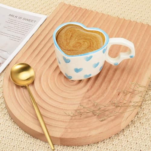 Koythin Ceramic Coffee Mug, Cute Creative Heart Handle Mug Design for Office and Home, Dishwasher and Microwave Safe, 8.5 oz/250 ml for Latte Tea Milk (Blue Heart)