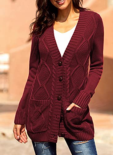 Sidefeel Womens Sweaters 2024 Trendy Long Sleeve Cable Knit Button Up Fall Long Cardigans Small Green