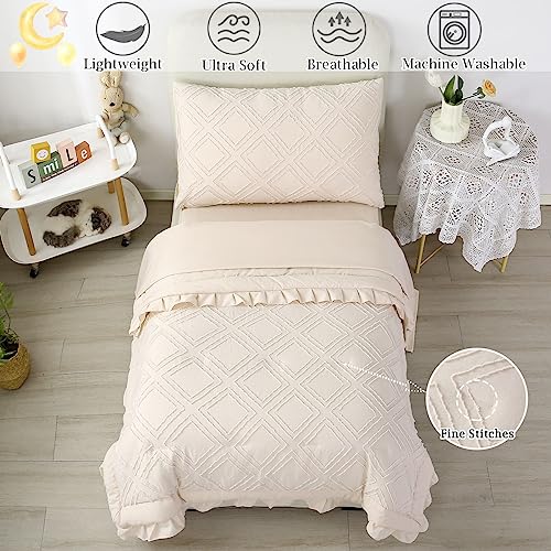 ZRNBAST Pink Toddler Bedding Set for Girls with Ruffle, Cozy Blush Tufted Toddler Bed Set 4-Piece Embroidery Shabby Toddler Comforter Set Include Comforter, Pillowcase, Flat Sheet, Fitted Sheet