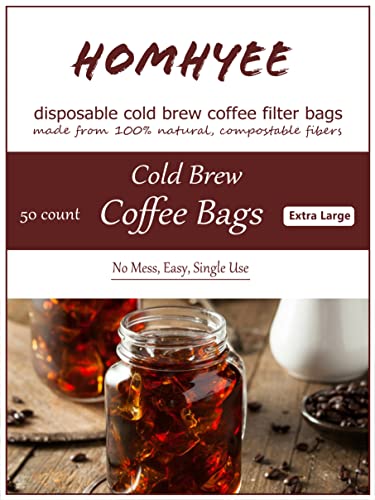 HOMYHEE Disposable Cold Brew Coffee Filters - 50 Count Single Use Filter Sock Packs Fine Mesh Brewing Bags for Concentrate, Iced Coffee Maker, French/Cold Press Kit, Tea in Mason Jar, 8 x 12 Inches