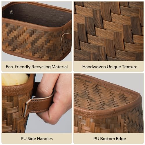 GRANNY SAYS Wicker Storage Baskets, Wicker baskets for Organizing, Plastic Storage Bins with Handles, Woven Baskets for Home Organization, 3 Pack Pantry Baskets for Shelves, Deep Brown