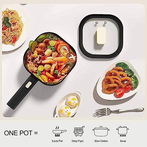 Dezin Hot Pot Electric with Steamer, 2L Non-Stick Ceramic Coating Electric Pot, Multifunction Cooker for Ramen, Portable Hot Pot with Power Control for Dorm, Office, Travel (Silicone Spatula Included)