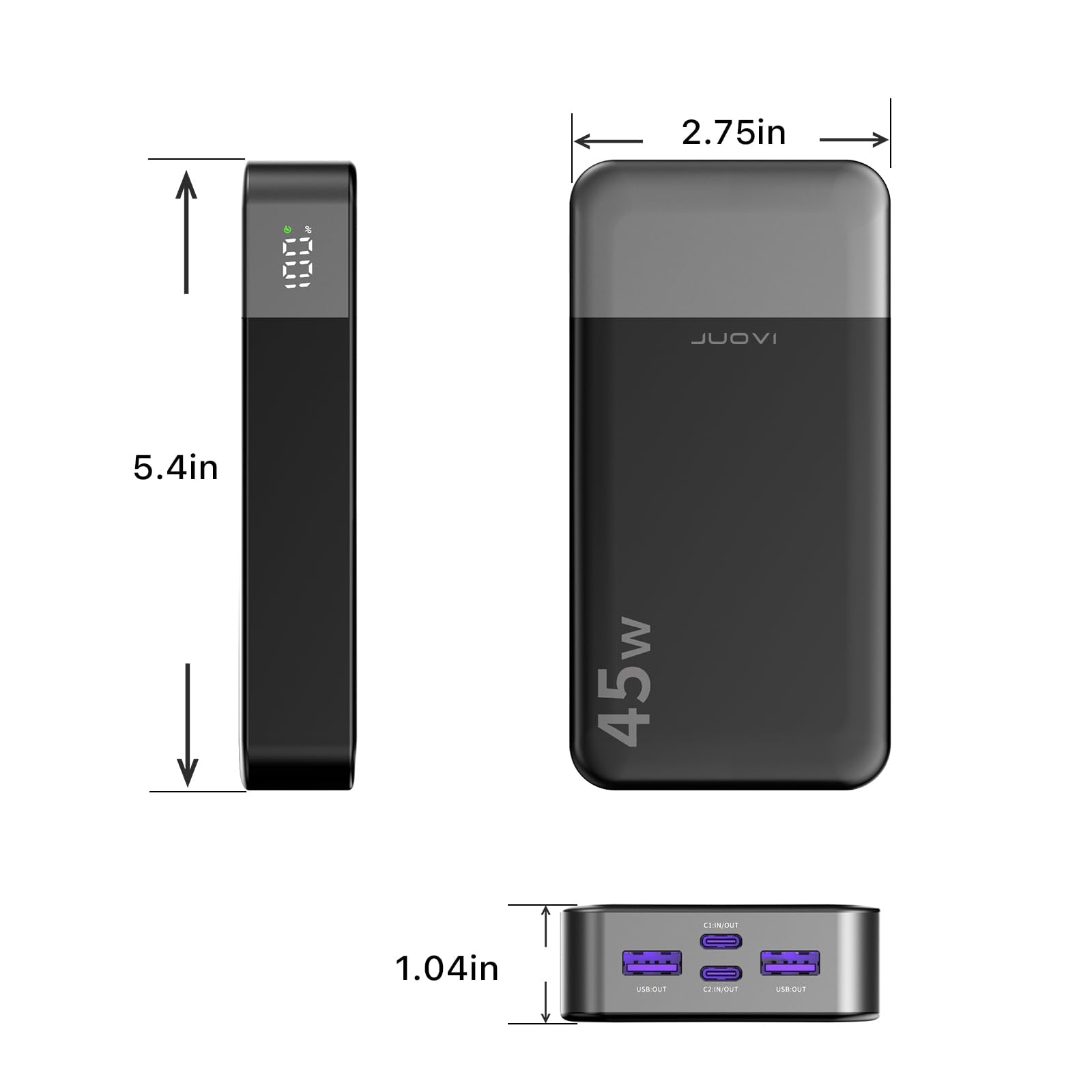 JUOVI J2621 Power Bank Portable Charger,20000mAh 45W PD3.0 QC 4.0 Fast Charging Battery Pack with LED Display,2 USB-C,2 USB-A for iPhone 15 16, MacBook