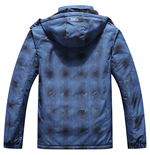 Pooluly Men's Ski Jacket Warm Winter Waterproof Windbreaker Hooded Raincoat Snowboarding Jackets Blue Camo-S