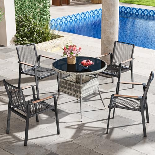 YITAHOME 31.5" Patio Table for 4-Person, Outdoor Patio Wicker Round Dining Table, All-Weather Rattan Bistro Dining Table w/Glass Tabletop for Backyard Deck Porch Poolside, Gray