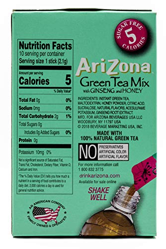 AriZona Green Tea with Ginseng Sugar Free Iced Tea Stix, Low Calorie Single Serving Drink Powder Packets, 10 Count (Pack of 12)