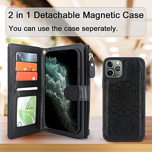 Harryshell Detachable Magnetic Zipper Wallet Leather Case Cash Pocket with Card Slots Holder Wrist Strap for iPhone 11 6.1 inch 2019 Floral Flower (Black)