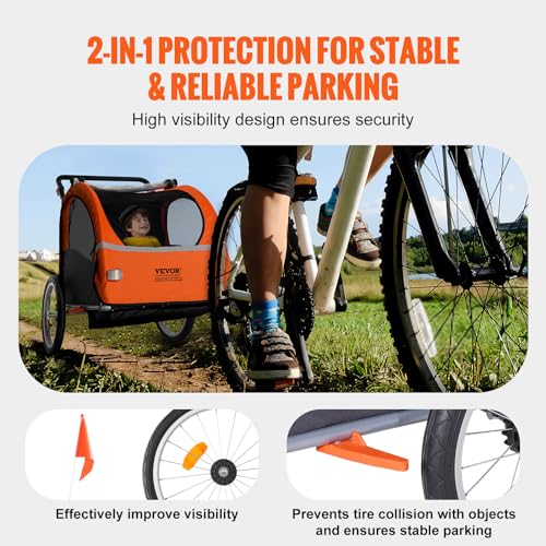 VEVOR Bike Trailer for Toddlers, Kids, Double Seat, 100 lbs Load, 2-in-1 Canopy Carrier Converts to Stroller, Tow Behind Foldable Child Bicycle Trailer with Universal Bicycle Coupler, Orange and Gray