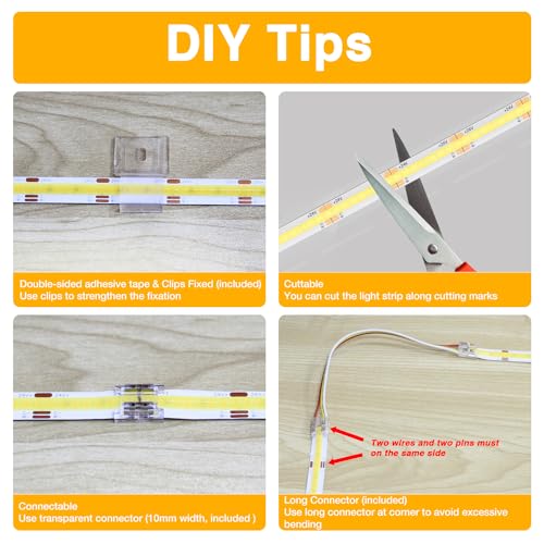 DAYBETTER COB LED Strip Lights, Tunable White(2700K-6500K) COB LED Lights with 3040 LEDs, 24V Adapter, RF Remote, Dimmable High Density Uniform LED Strip for Bedroom, Kitchen, Cabinet, CRI90+, 16.4ft