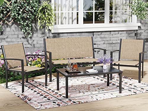 Greesum 4 Pieces Patio Furniture Set, Outdoor Conversation Sets for Patio, Lawn, Garden, Poolside with A Glass Coffee Table, Beige